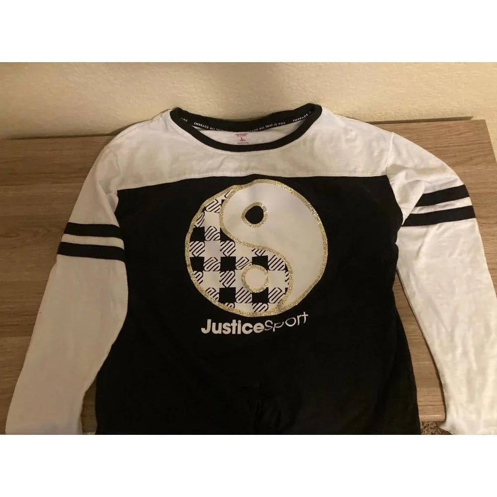 Justice Sport Long Sleeve Black and White Ying Yang Logo Top Large 12/14